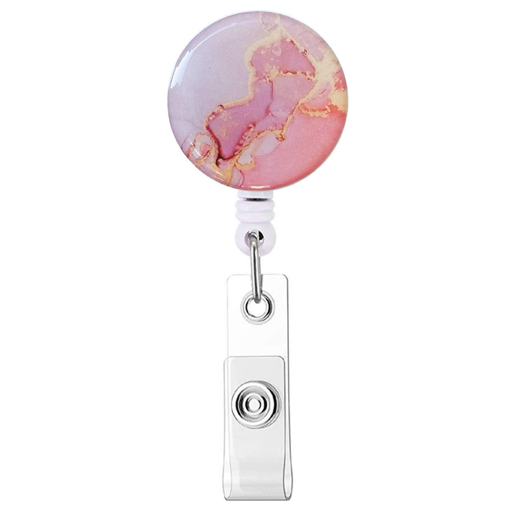 BOCHEERY, small Nurse Badge Reel, Retractable Badge Holder, Badge Clip ID Name Card with Alligator Clip for Office Worker Doctor Nurse (1p Pink Marble)