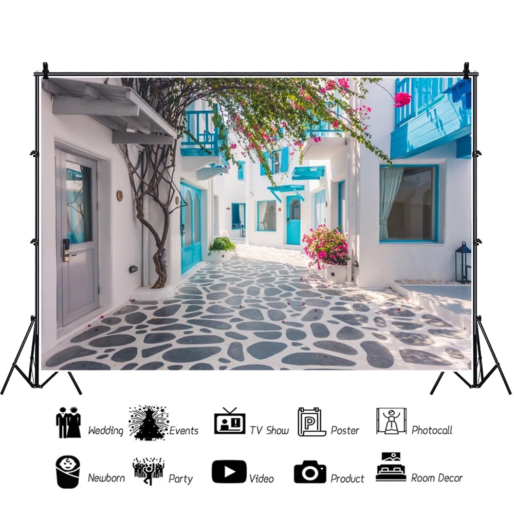 Leowefowa Winylowe greckie tło fotograficzne Santorini Grecja Wąska Ulica Tło Maroko Grecja Wesele Tło Muzyczny Dramat Tło Ślubne Ślub Fotobudka Rekwizyty Baner