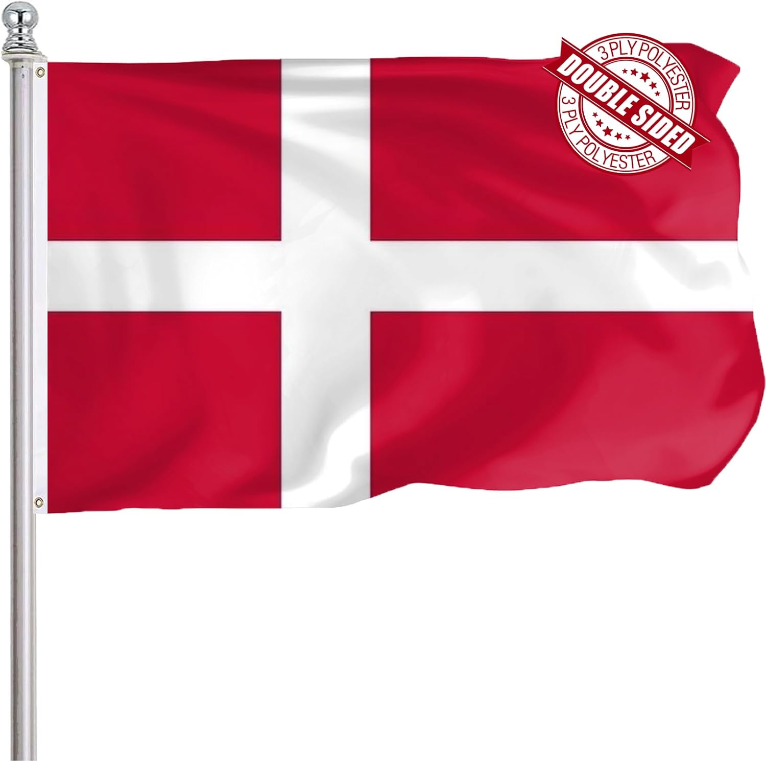 Denmark Danish Flag 3x5 Ft Outdoor, Heavy Duty 3 Ply Polyster Danish National Flags, Double Sided Vibrant Color Denmark Country Flag Double Stitched Brass Grommets