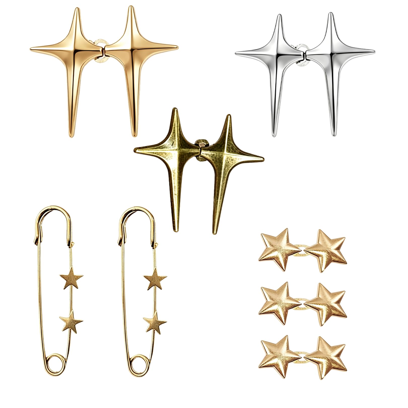 6 Pairs Star Trouser Clips & 2Pcs Tightener Pins,Invisible Tightening Clip