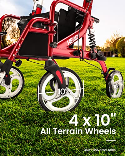 Heao 2 In 1 Rollator Walker & Transport Chair,Shock Absorber Wheelchair With All 10” Wheels For Seniors,Reversible Backrest & Detachable Footrests (Red) #TOP1