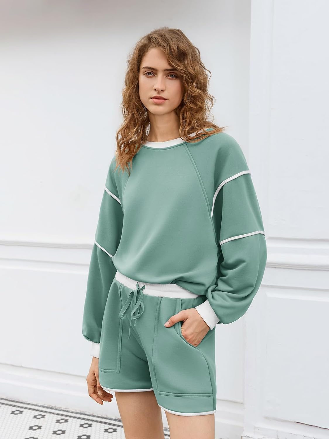 Yousify Womens Sweatsuits 2 Piece Outfits Oversized Crewneck Sweatshirts High Waisted Casual Shorts Lounge Wear Shorts Sets - Image 3