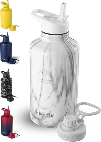Miniatura 1 de THERMOSIS Botella de agua de 64 onzas con pajilla, botella de agua de medio galón con apertura de boca ancha y 2 tapas. Incluye soporte para botella