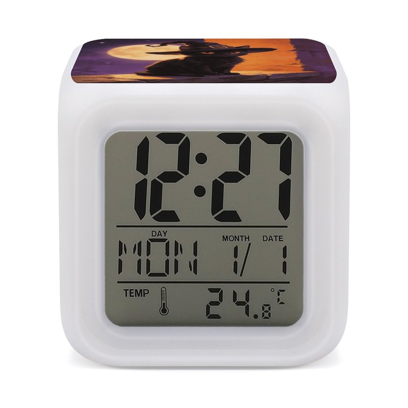 LZQPOEAS Black Cat with Witch Hat for Halloween Alarm Clock with 7 Color Changing Nightlight for Bedroom Calendar Temperature Display Wake Up Digital Clock Small Desk Clocks for Heavy Sleepers Adults