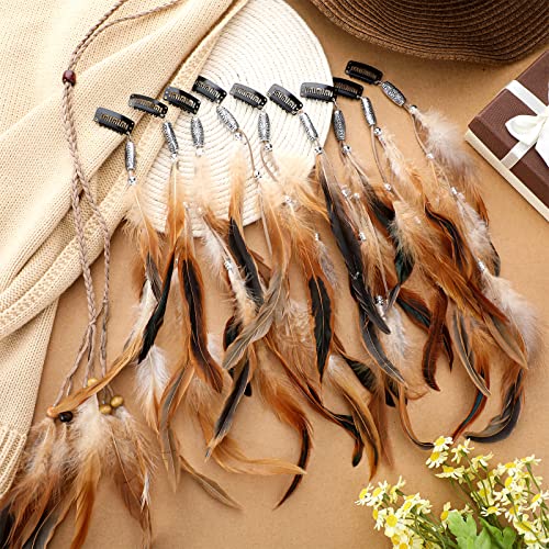10 Pcs Feather Hair Clips Halloween Pirate Hair Accessories Indian Feather Headband Tassel Boho Hair Extensions Headdress With Clip Adjust Feathers Headpiece For Women Girls (Khaki, Brown) #TOP6