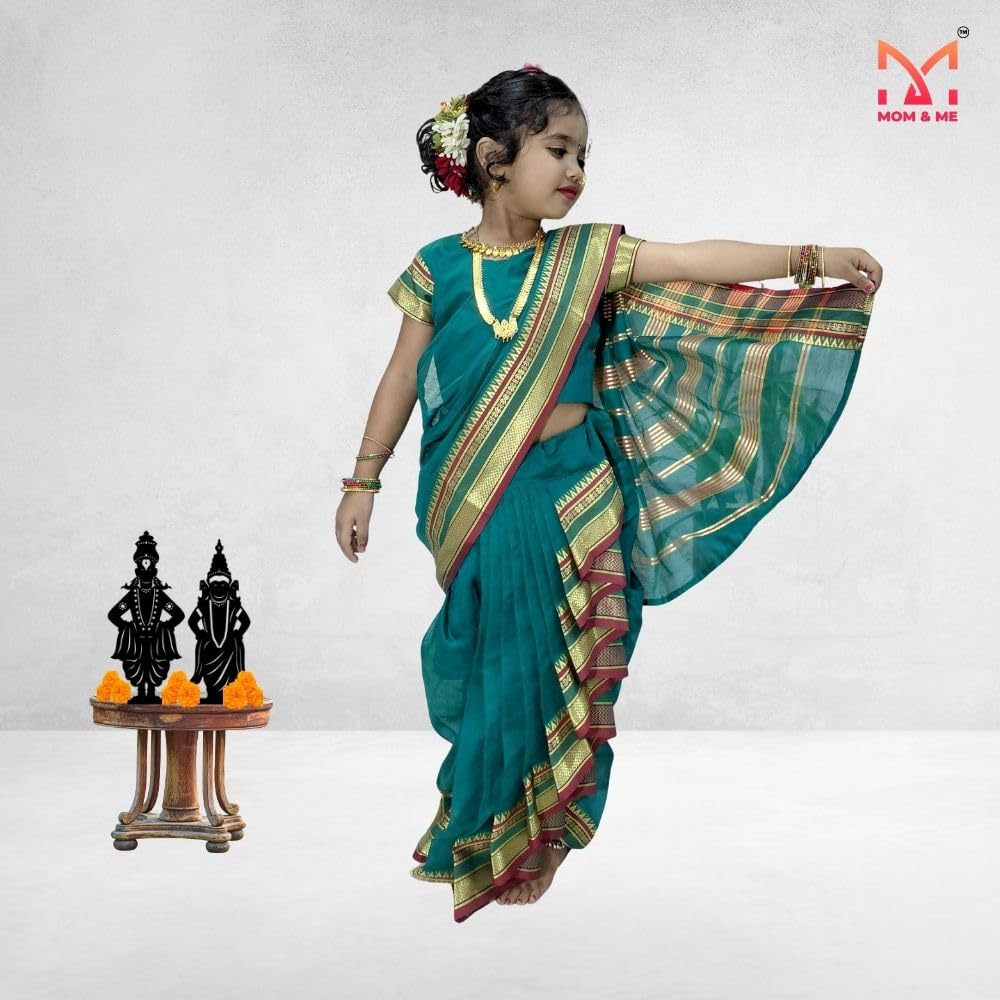 Mom and Me Girls' Ready-to-Wear Mastani Nauwari Saree with Stitched Blouse | Traditional Maharashtrian Ilkal Border | Soft Acrylic Cotton | Age 12 Months to 15 Years (Morpankhi, 4-5 Years) - Image 3 thumbnail