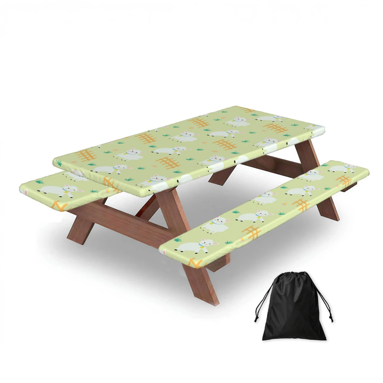 Cute Cartoon Sheep Pattern, Picnic Table Cover With Bench Covers -Waterproof Elastic Fitted Tablecloth for Garden Camping Patio 76x152cm