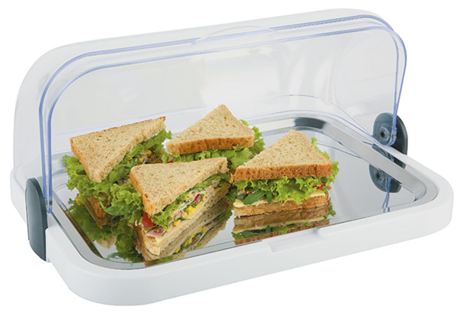 APS Vetrina per buffet, coperchio trasparente apribile su entrambi i lati, una ciotola, un vassoio in acciaio inox e due batterie refrigeranti – Made in Germany