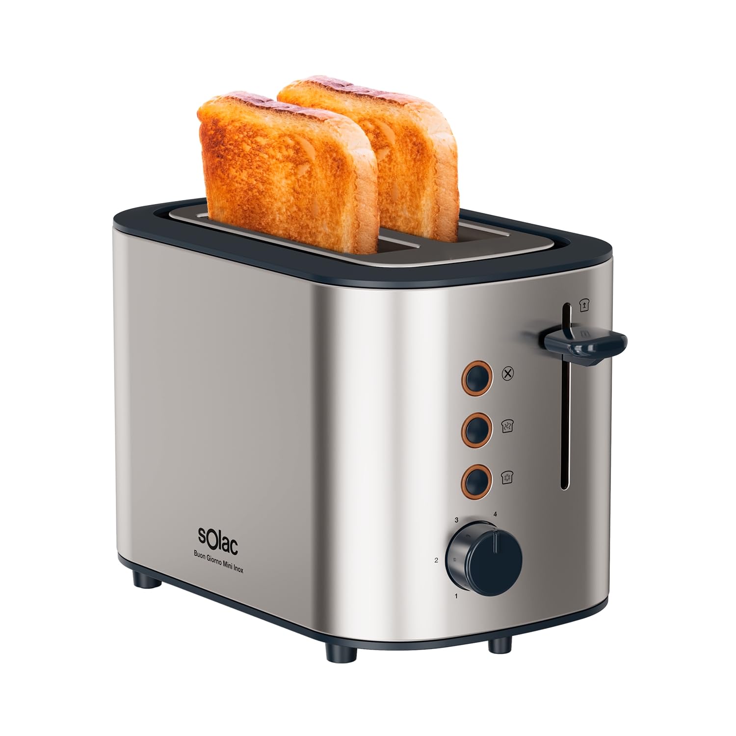 Solac Buon Giorno Mini Inox opiekacz 870 W | 13 x 11,5 x 3,4 cm Powierzchnia prażona | 6 poziomów | 3 funkcje | 2 plastry | samocentrujące | światło LED | zbieranie okruchów | szary