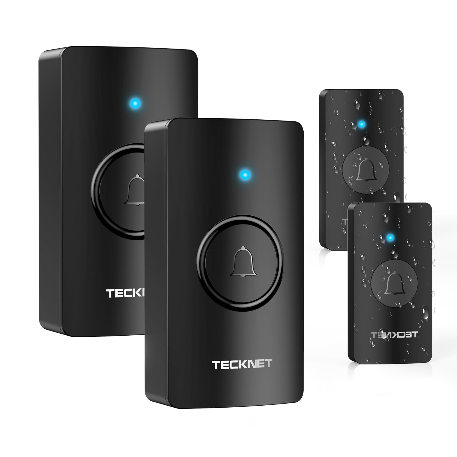 TECKNET Wireless Doorbell, IP67 Waterproof Battery Operated Door Bell Set with 2 Receivers and 2 Push Buttons at 1,312 ft Range, 5-Level Volume, 60 Ringtones, LED Light and Memory Function for Home