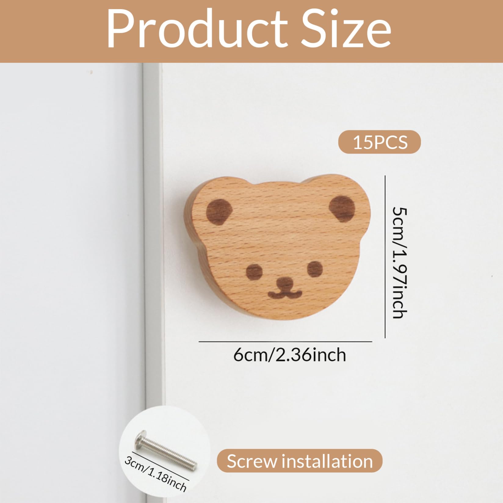 Süße Schubladenknöpfe, Kinderkommodeknöpfe, 15pcs Holz Kinderkommodenknöpfe Cartoon Bären Form Kinderzimmer Kommode Knöpfe mit Schrauben einfach zu stalltschrank -Griffe für Kinderzimmerdekoration