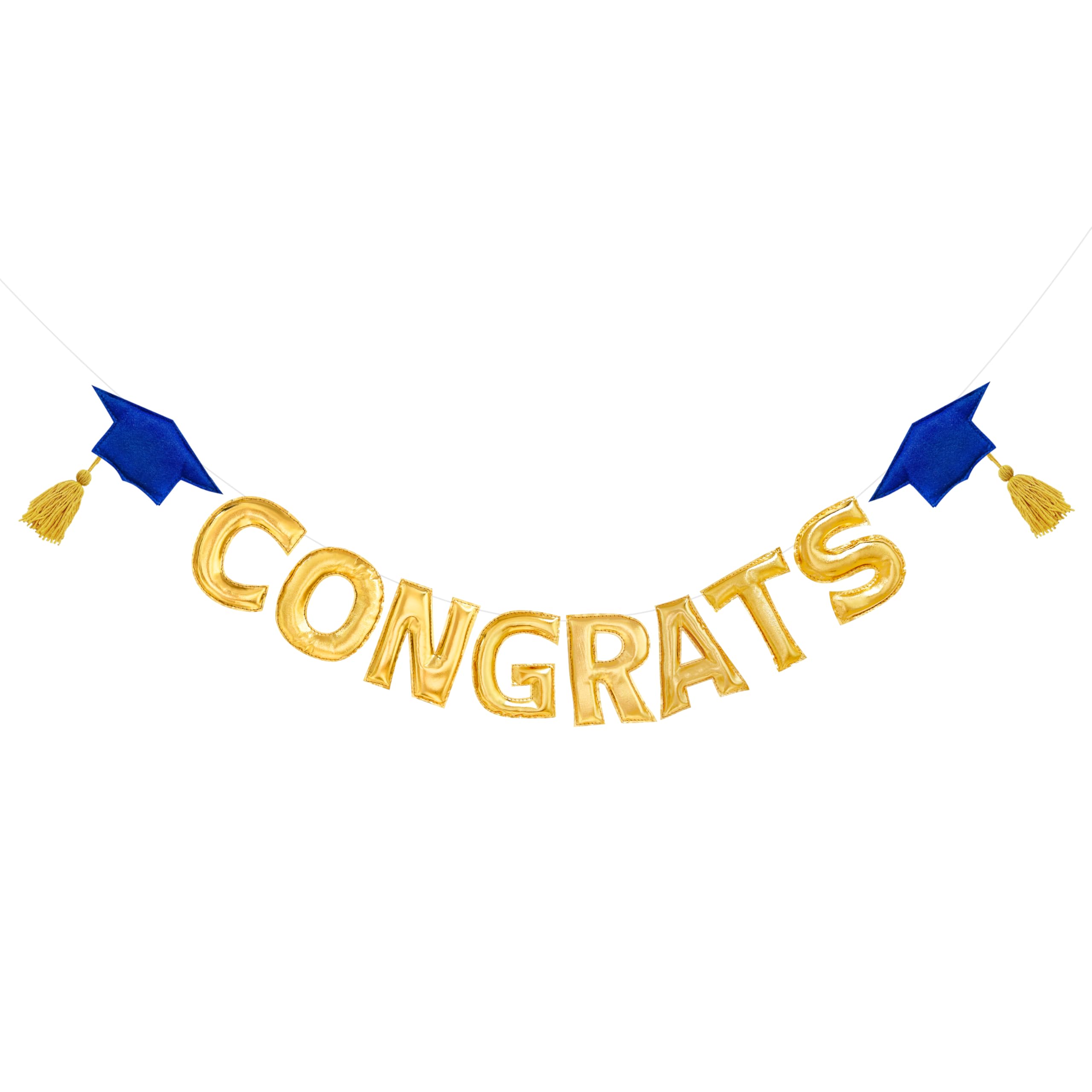 Blue Gold Graduation Decorations Pre-Strung Handmade Metallic Fabric Felt Grad Cap Congrats Sign Banner Bunting for Graduation Class of 2025 Party