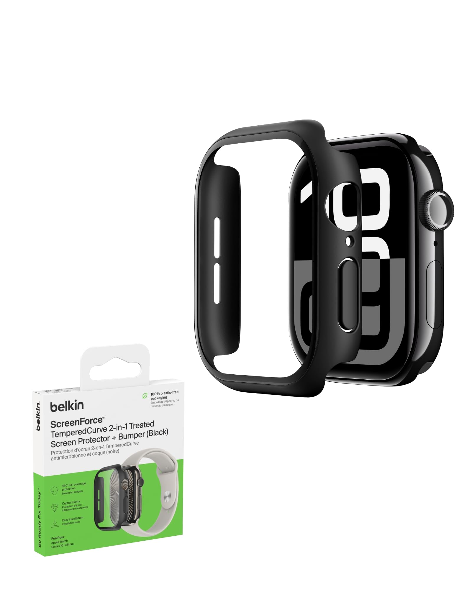 Belkin ScreenForce TemperedCurve Etui na Zegarek Apple Watch Series 10 (46mm), osłona ekranu 2 w 1 zapewniająca ochronę 360˚, szkło hartowane do Apple Watch 46mm – czarna