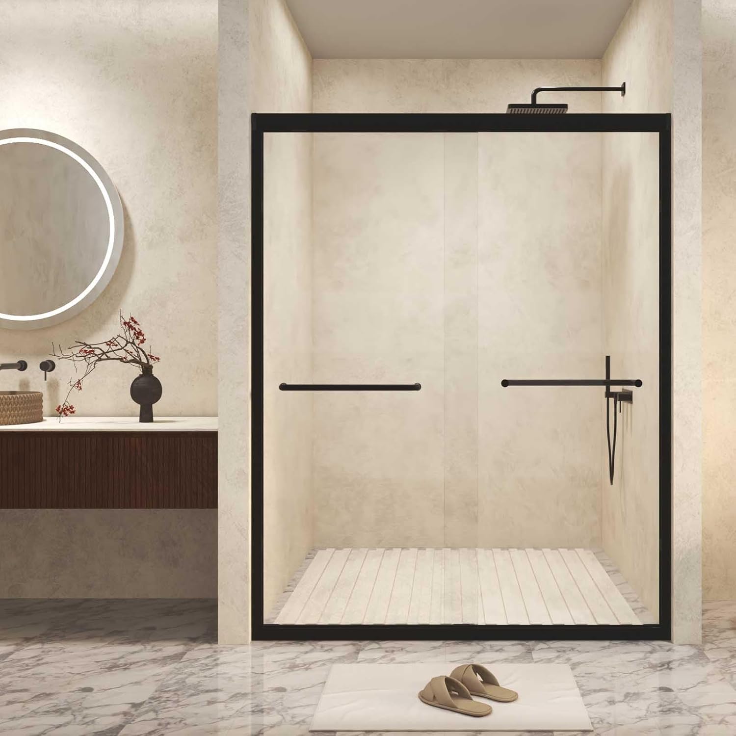 56-60" W x 72" H Double Sliding Shower Door, Aluminum Frame Shower Glass Doors with 1/4" (6 mm) Explosion Proof Film Glass, Bathroom Sliding Door Matte Black