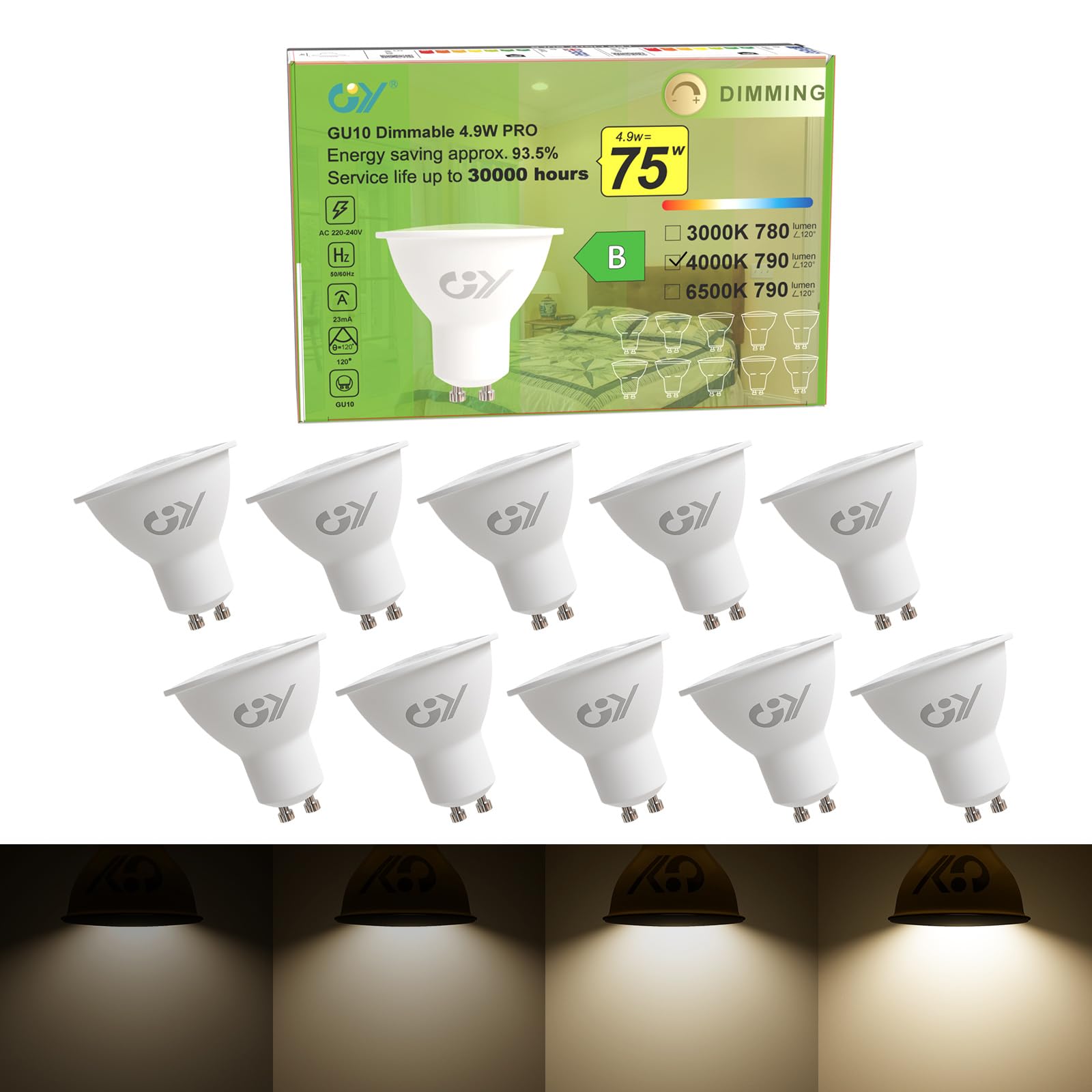 GY GY Dimmable GU10 Neutral White 790 Lumen High Energy Efficiency LED Bulbs,4.9W 4000K 120° Wide Beam Angle Energy Saving Lamp, 75W Replacement,10 Pack