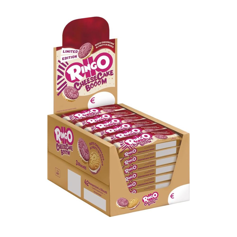Pavesi Snack Ringo Cheesecake Booom, Biscotti Farciti con Crema Dolce al Formaggio e Biscotti ai Frutti di Bosco e Malto d'Orzo, Snack per Merenda o Pausa Studio, Espositore da 42 Monoporzioni