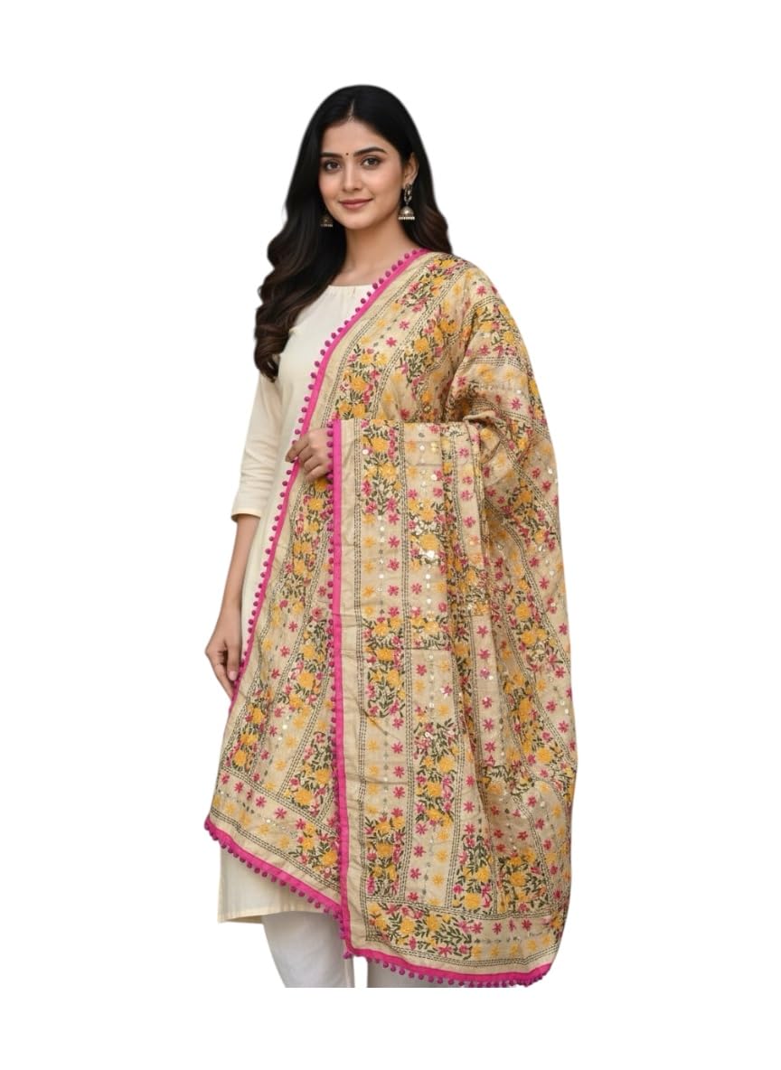 Hand Worked Phulkari Dupatta for Girls, Dark Pink, Traditional Embroidered Scarf-picture-22