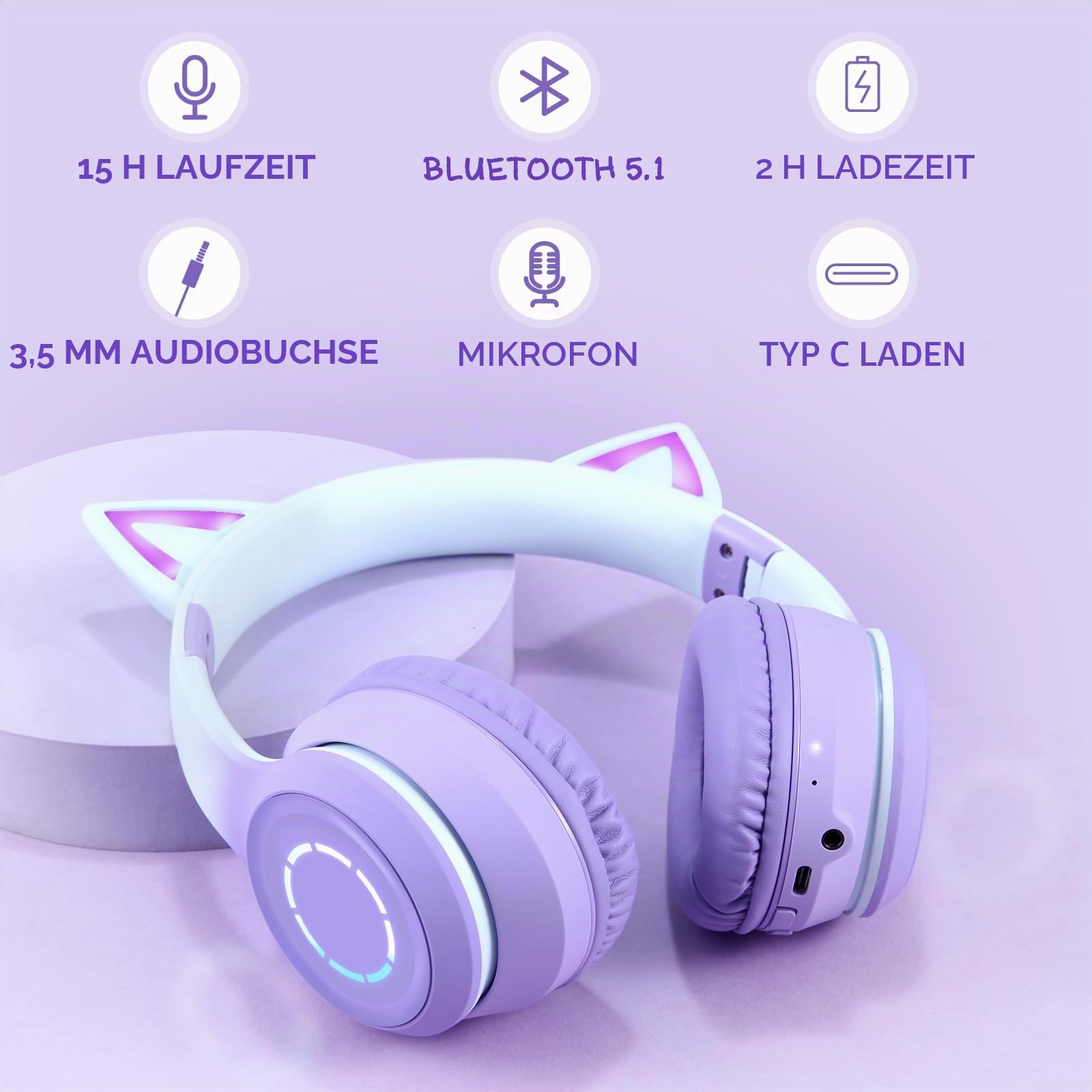 Sendowtek Kinder Kopfhörer, Mädchen Bluetooth Kopfhörer Over Ear Katze Kinderkopfhörer mit Abnehmbarem Mikrofon LED Licht, Faltbare Kabellos Kopfhörer für Kinder Erwachsene Schule/Tablet/PC/Phone