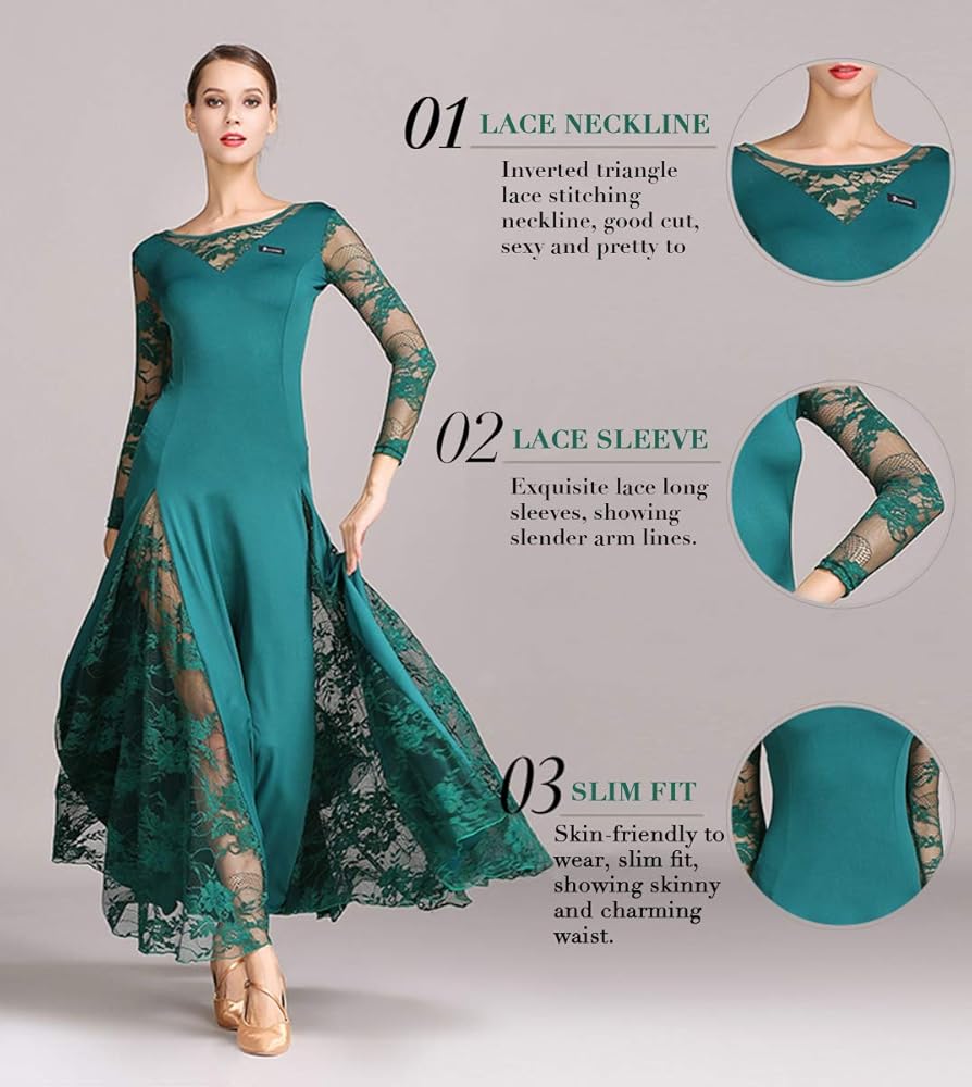 Amazon.co.jp: ZX レディース 社交ダンスドレス レーススリーブ ロング