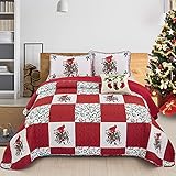WONGS BEDDING Christmas Quilt Set Queen(90'x96') Red Berries and Cardinals Pattern Bedding Solid Quilted Bedspread Coverlet with 2 Pillow Shams, Soft Microfiber Red White Plaid Patchwork Bedding