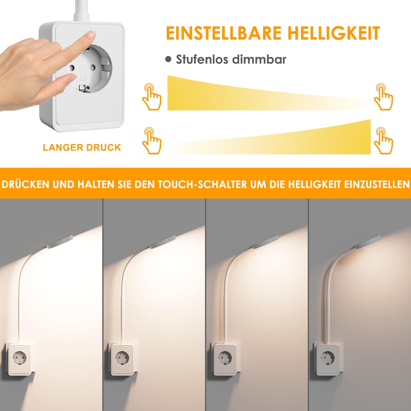 ENUOTEK LED Wandleuchte Wand Leselampe Weiß mit Stecker und Steckdose, Schlafzimmer Steckdosenlampe Touch Dimmbar, 3 Stufen Beleuchtungsfarben, Nachttischlampe mit Typ C und USB Ladeanschluss