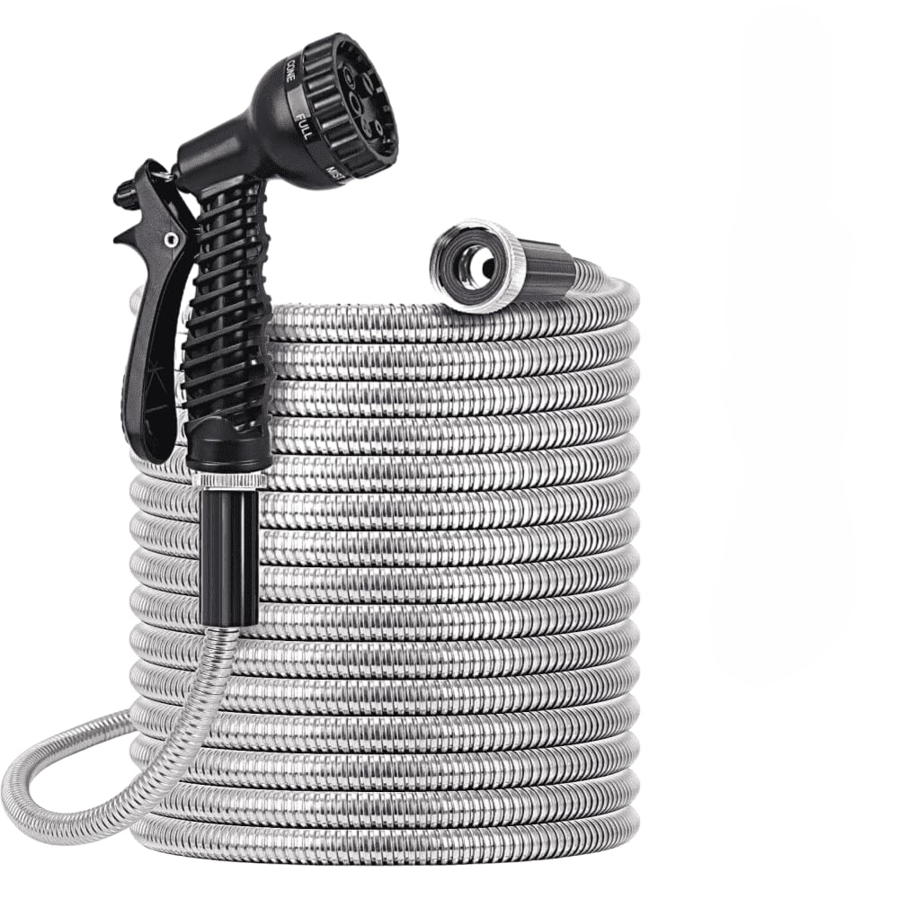 Etunsia 75ft Stainless Steel Garden Hose, Water Hose With Flexible Nozzles, Leak-proof Metal Connector, Kink-Free, Lighter, 3/4 inch Fit All Faucets, Outdoor for Garden, Lawn, Car Washing - Sliver
