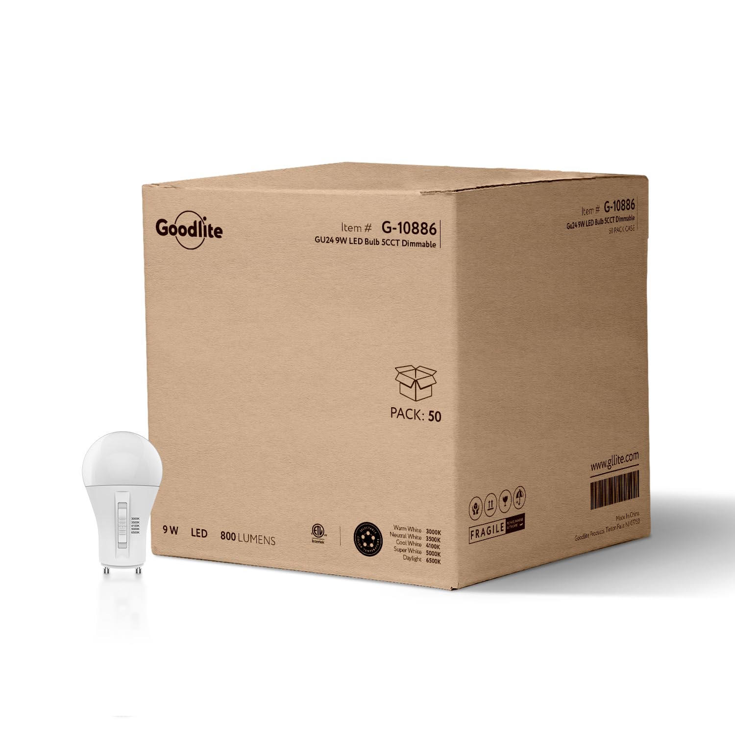 Goodlite GU24 Base A19 LED Bulb, 5 Color Selectable 3000K-3500K-4100K-5000K-6500K, 800 Lumens, 9 Watt (60W Equivalent), High CRI, 5% Dimmable, UL Listed, Damp Rated, 15,000 Hrs. 50pk (G-10886)