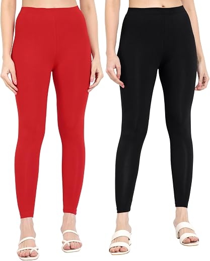 Twinstar T2 Ankle Length Stretchable Cotton Blend Leggings for Women | 180 GSM | Mid-Waist Design | Pack of 2
