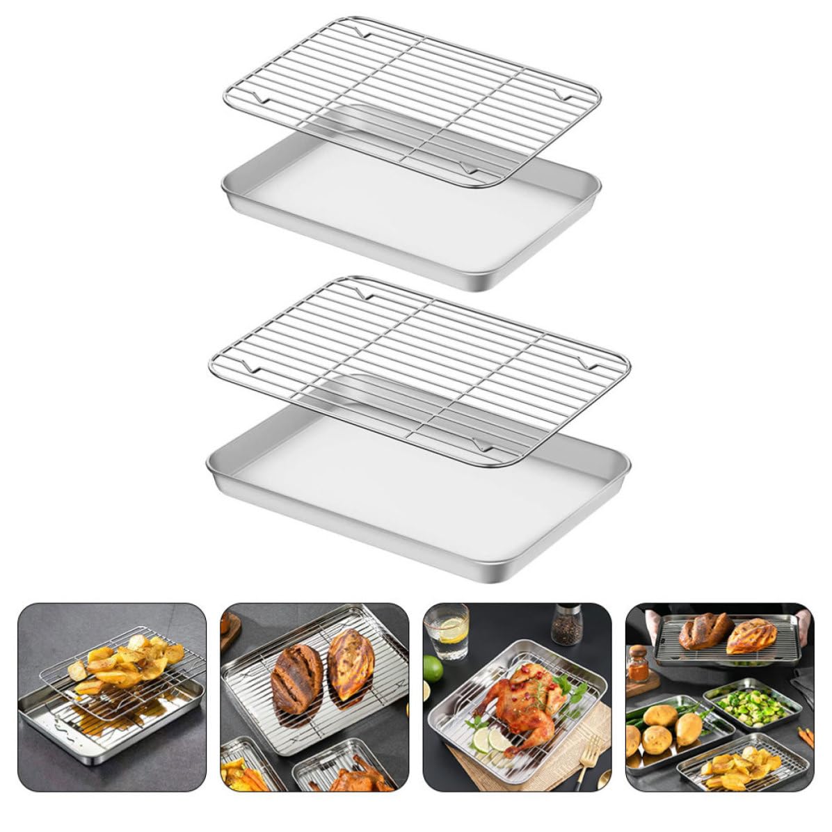 Bandejas para Hornear con Acabado Espejo de Acero Inoxidable Juego de 2 y Rejilla para Enfriar con Superficie Antiadherente Adecuado para Cocinar y Hornear