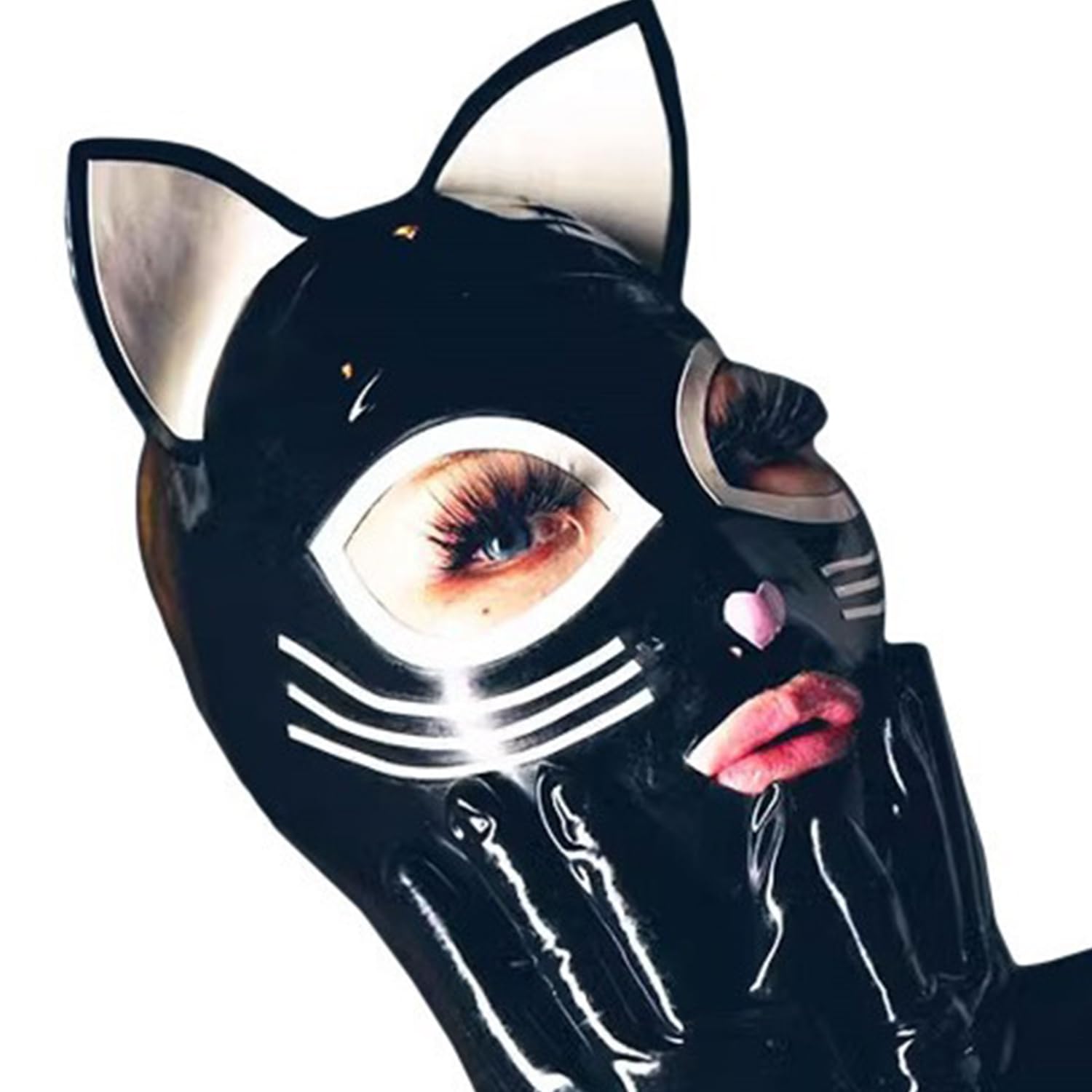WXLPCGO Cat Latex Hood Mask with Back Zipper BDSM Fetish Full Face Hood for Halloween Party Club Costume Prom(Size:L-68CM)