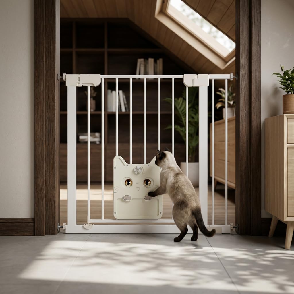 XMTECH Rejilla de protección para puerta con puerta para gatos, sin agujeros, color blanco, 85-95 cm | Cierre automático con parada de 90°, giro de 180°, doble cierre de seguridad, puerta de gato con bloqueo, metal grueso