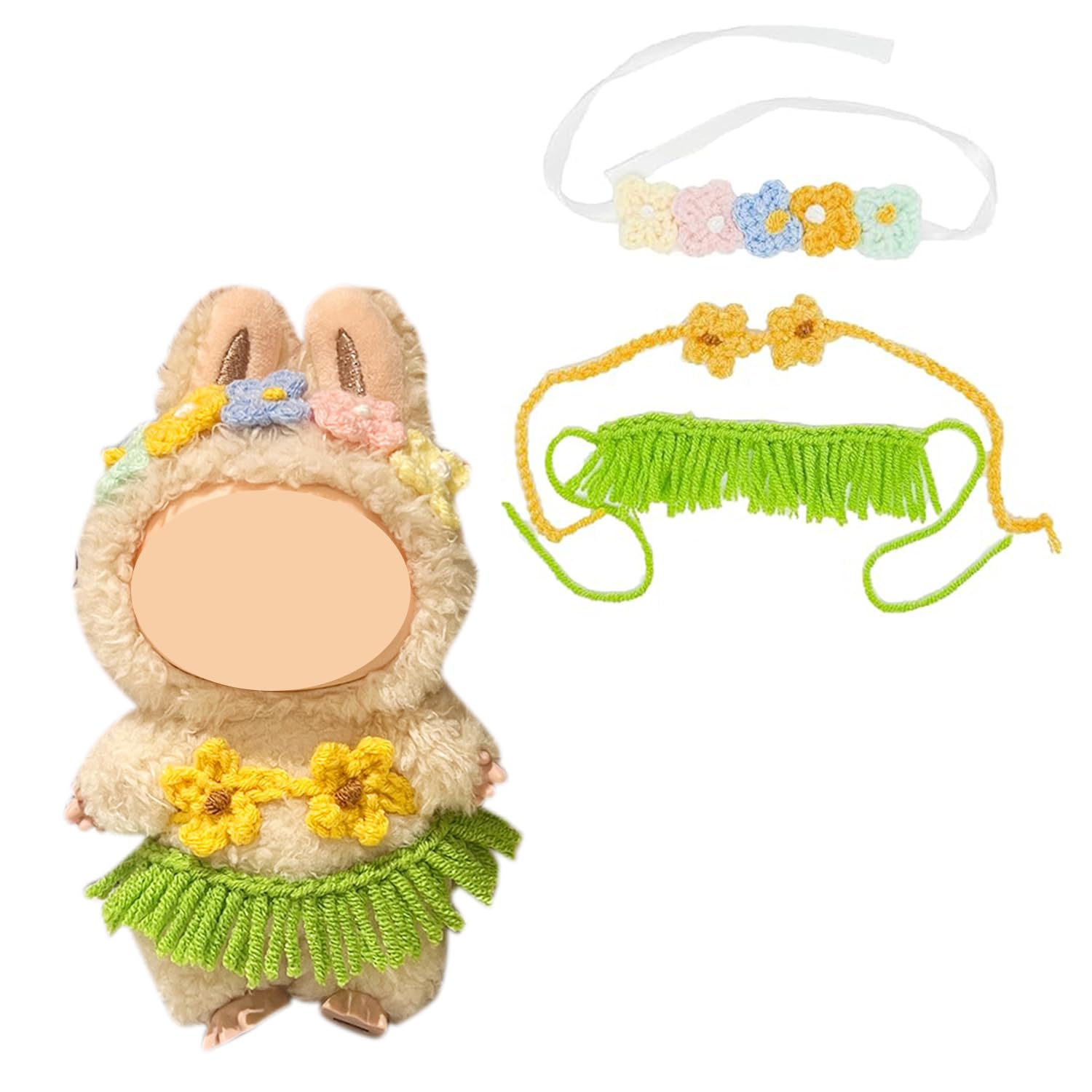 Hawaiian Hula Crochet Grass Skirt & Flower Halter Bikini Top for 17cm Dolls