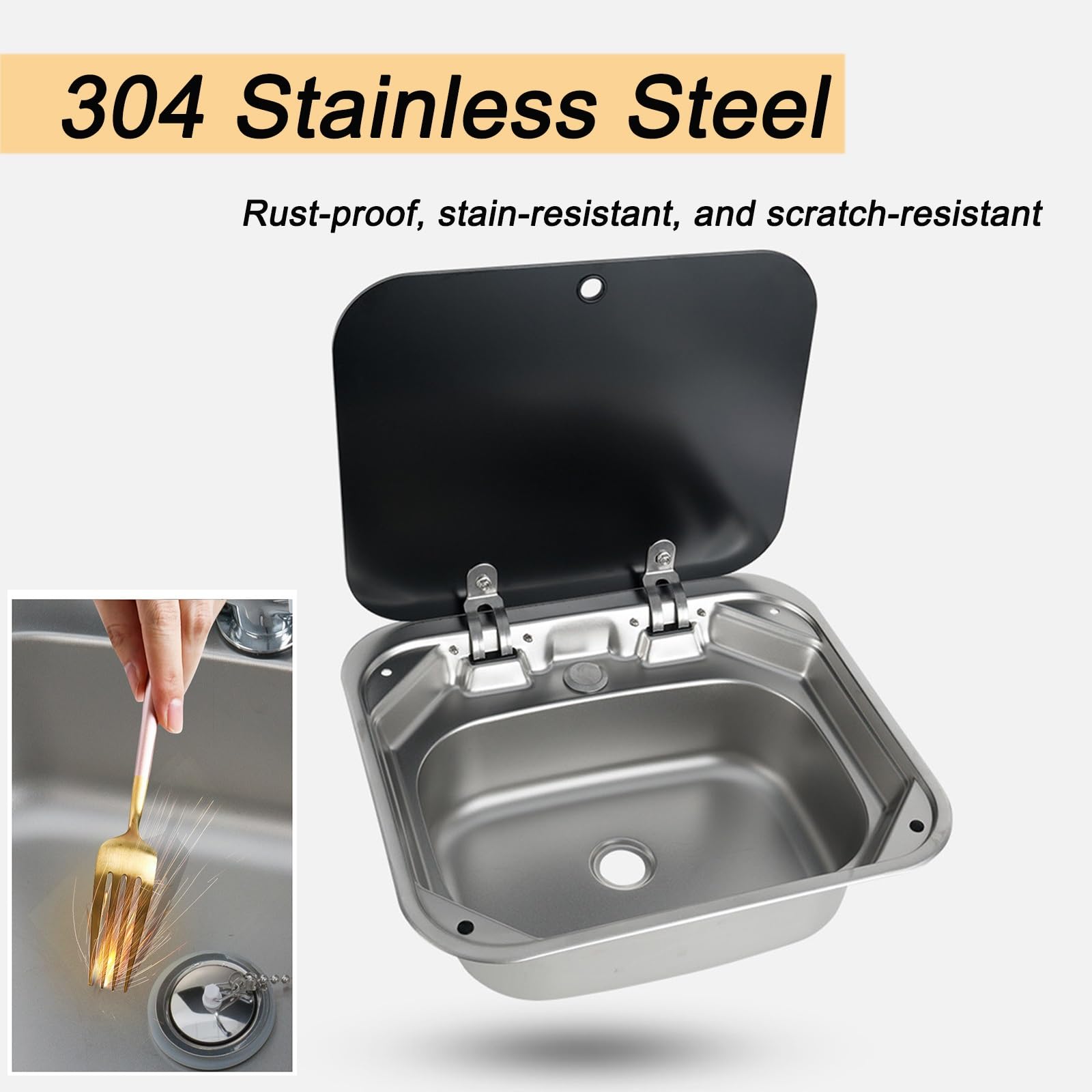 Fregadero Camper con Tapa, Lavabo Caravana con Grifo Plegable, Fregadero Empotrable, Material de Acero Inoxidable, Adecuado para Remolques y Caravanas