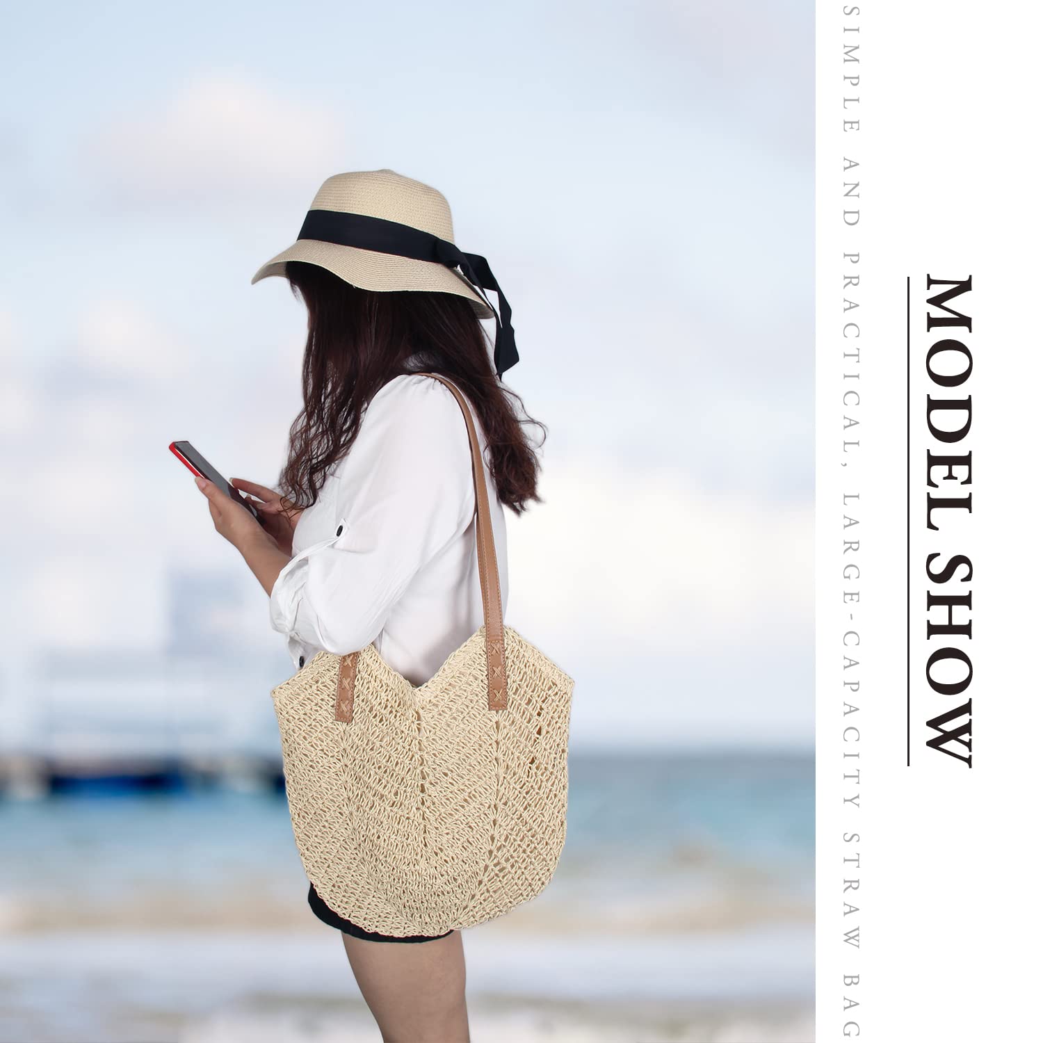 Sac à Bandoulière en Paille Tissage à la Main pour Femme - Fourre-tout Bohème d'Été pour Plage
