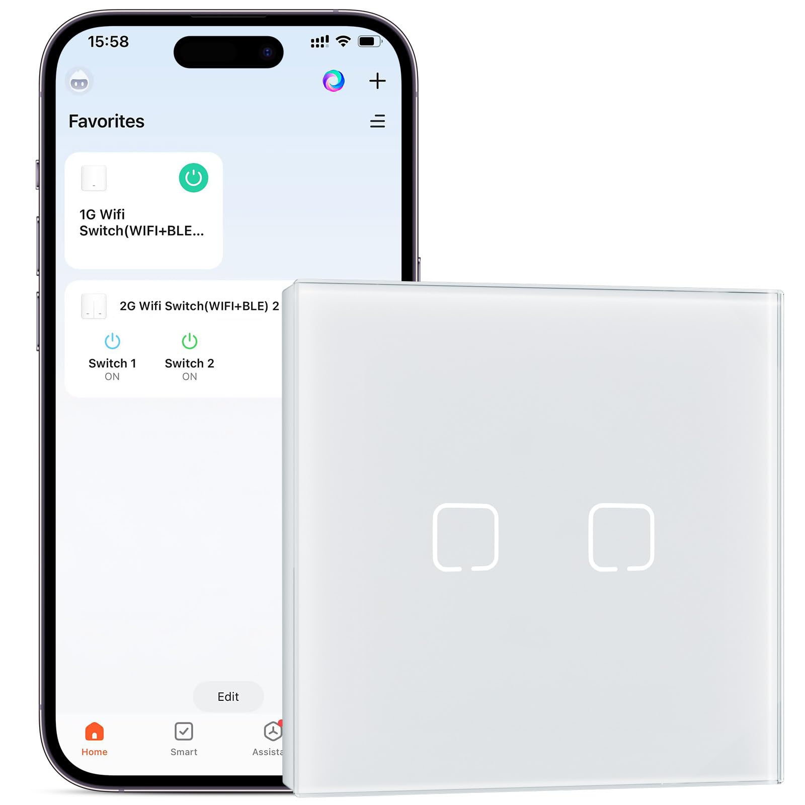 BSEEDLIFE Smart WiFi Light Switch,Intelligent Touch Wall Switch for Smart Home,Compatible with Alexa,Google Home(Via Tuya/Smart Life App),86 * 86mm 2 Gang,White(Neutral Wire Required)