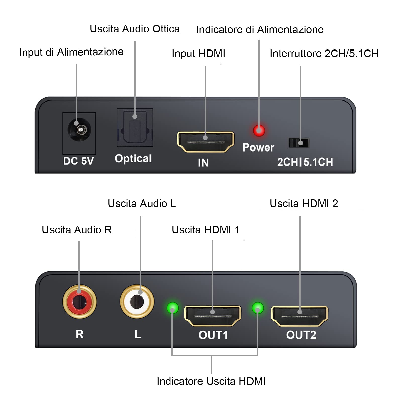 LiNKFOR HDMI Audio Estrattore 2 Uscite 4K 3D con Alimentatore HDMI a SPDIF Toslink Ottico + 2 Uscite Video HDMI Splitter HD Digitale a Stereo Analogico R/L 2CH/5.1CH per Blu-ray DVD SKY Box PS3 PS4
