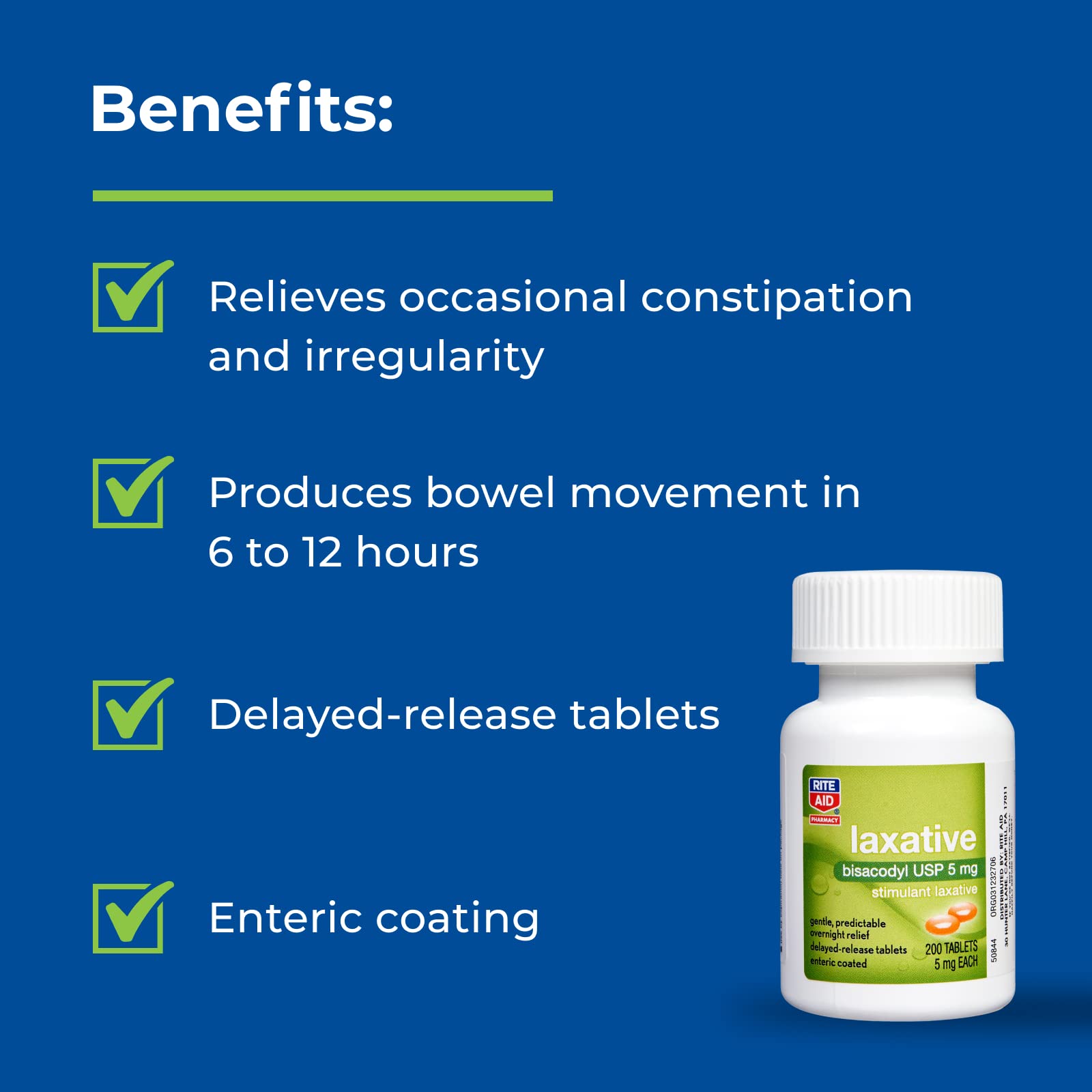 Amazon.com: Rite Aid Laxative, Bisacodyl, 5mg - 200 Tablets, Stimulant  Laxative | Gentle Constipation Relief | Overnight Relief | Delayed-Release  Tablets | Enteric Coated | Gentle, Predictable Overnight Relief : Health &  Household
