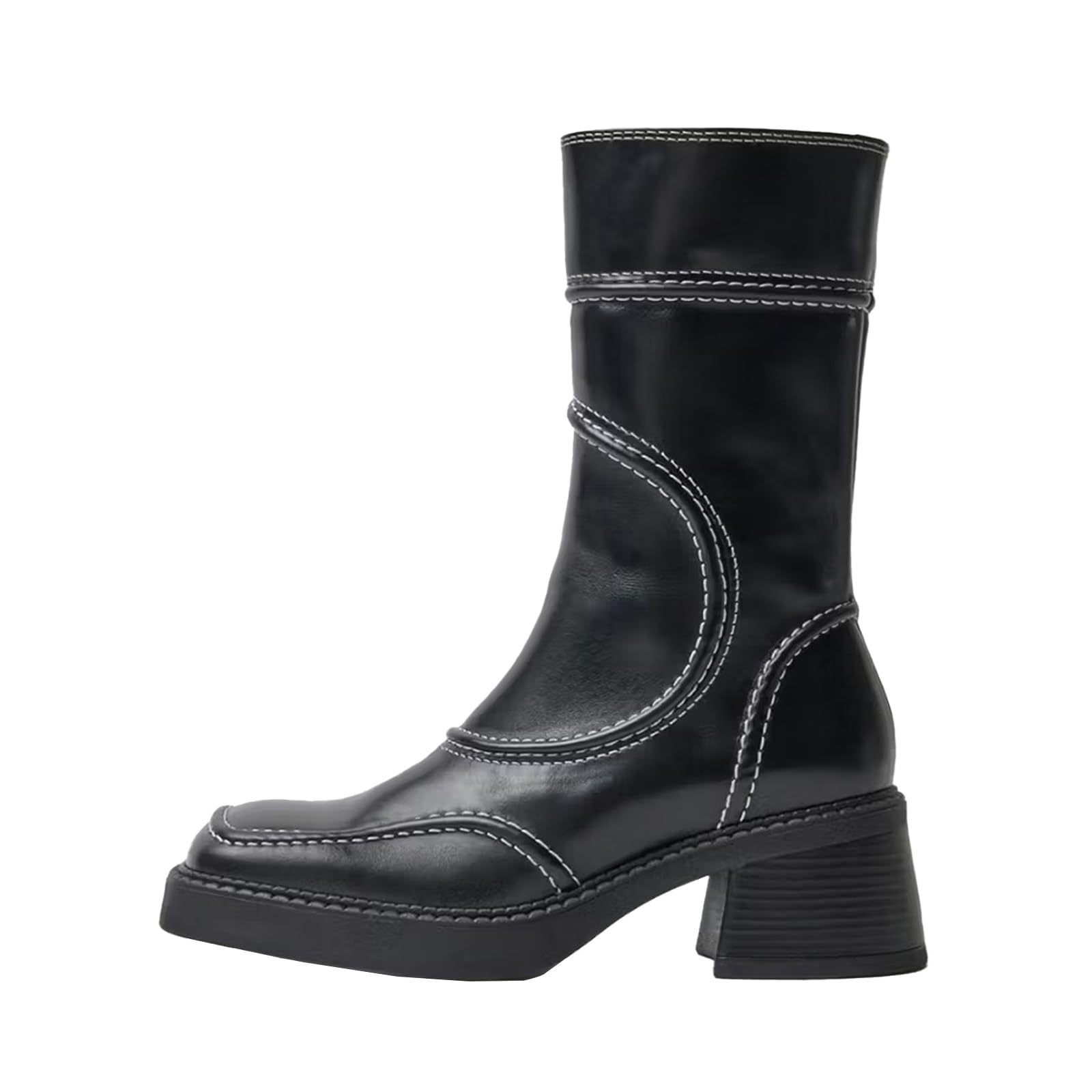 olomisa Mid Calf Boots for Women Square Toe Block Heel Side Zipper Boots