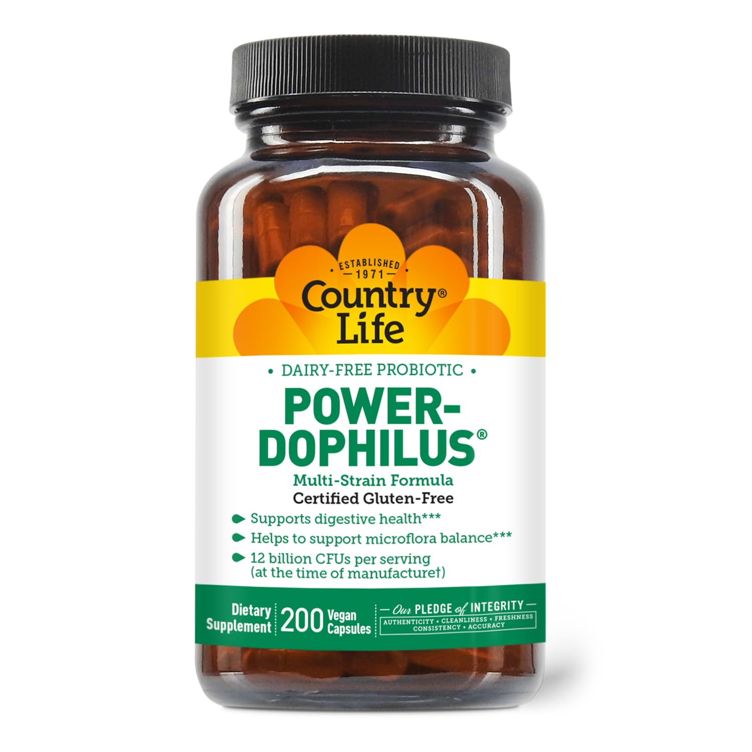 Country Life Acidophilus Probiotic - 12 Billion CFUs - 4 Strains for Digestive Health - MAKTrek Delivery - Certified Gluten-Free, Vegan - Free of GMOs, Artificial Colors, Flavors - 200 Capsules