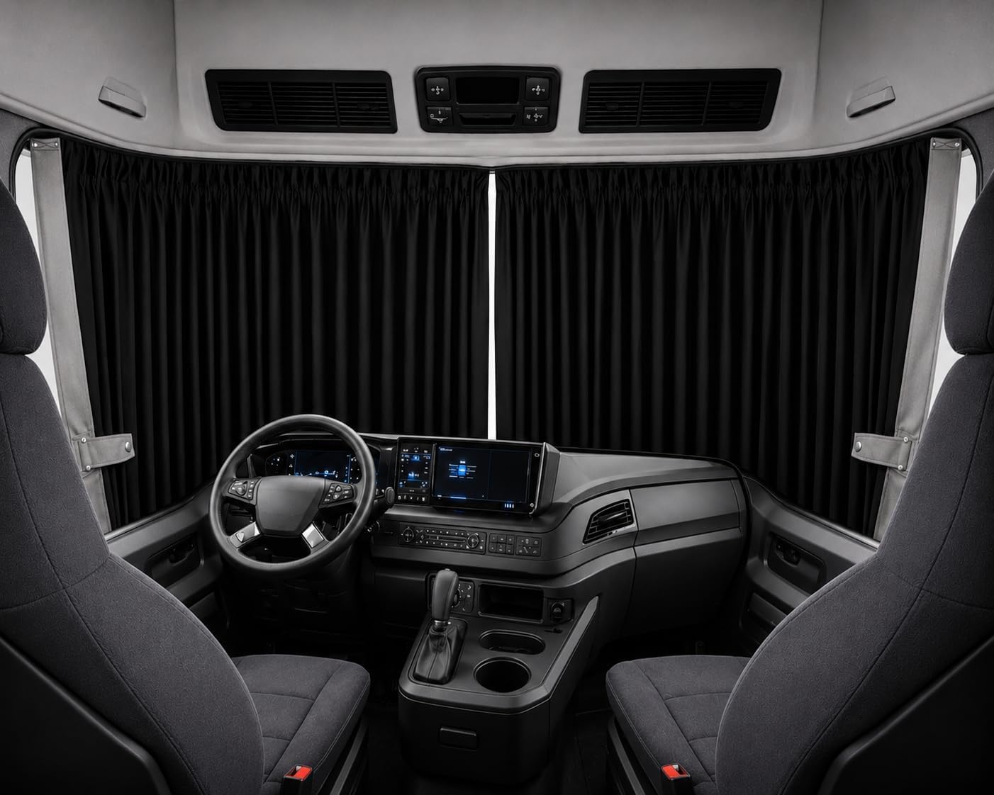 LKW Gardinen Scheibengardinen Vorhänge Passform Universal Schwarz mit Grau Leder Kante + Haken