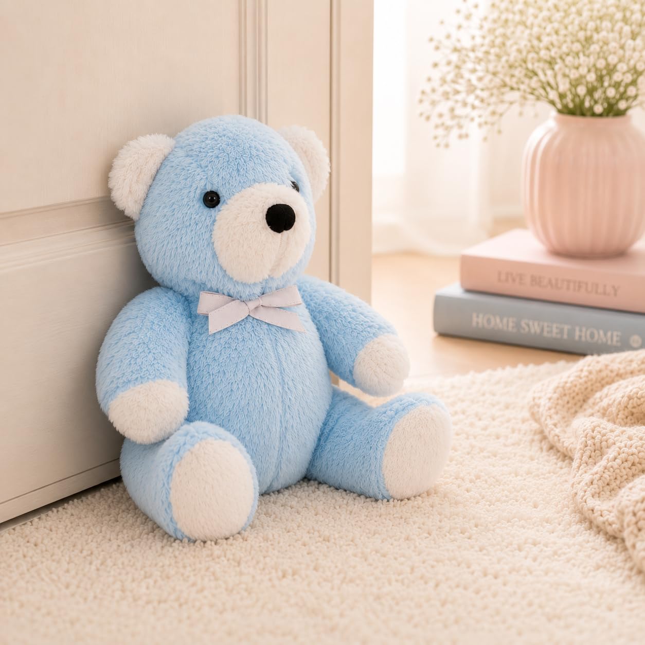 The Little Storage Company Blue Cute Pastel Pink Or Teddy Bear Door Stopper Decorative Door Stops For Home And Office, Teddy Bear Weighted Interior Doorstop Fabric Stuffed Animal Door Stopper Decor (Blue)