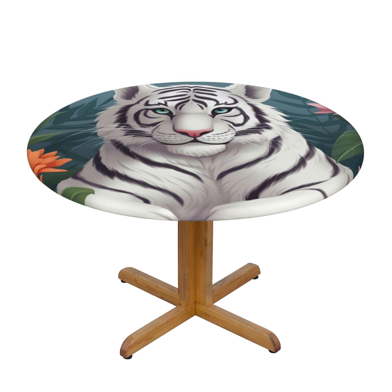 Nappe ronde imprimé tigre blanc imperméable élastique table 101-127cm