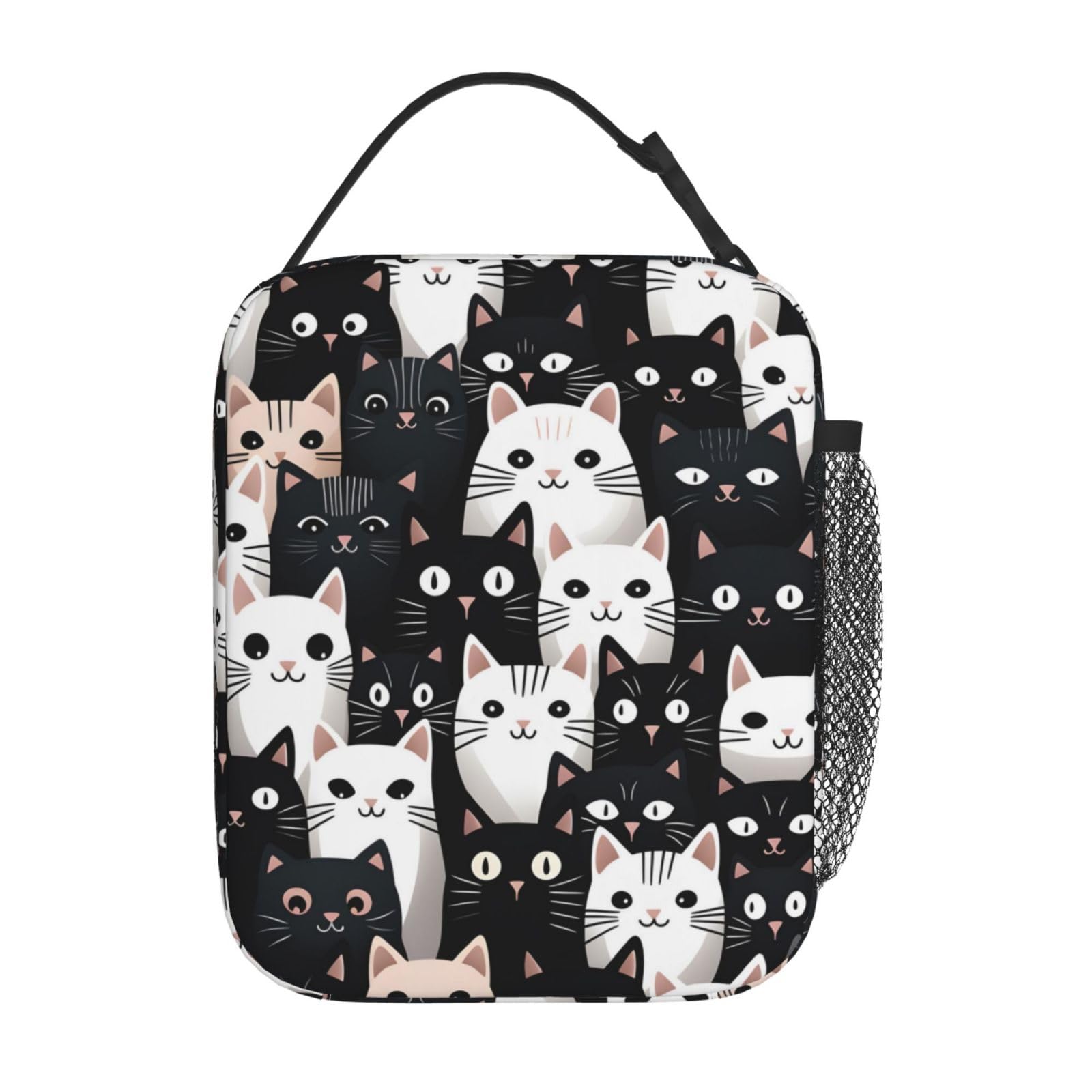 Mexpekil Borsa termica per il pranzo con gatto nero e bianco per donne e uomini, borsa termica portatile da picnic con tasca laterale in rete per adulti Lunchbox per lavoro