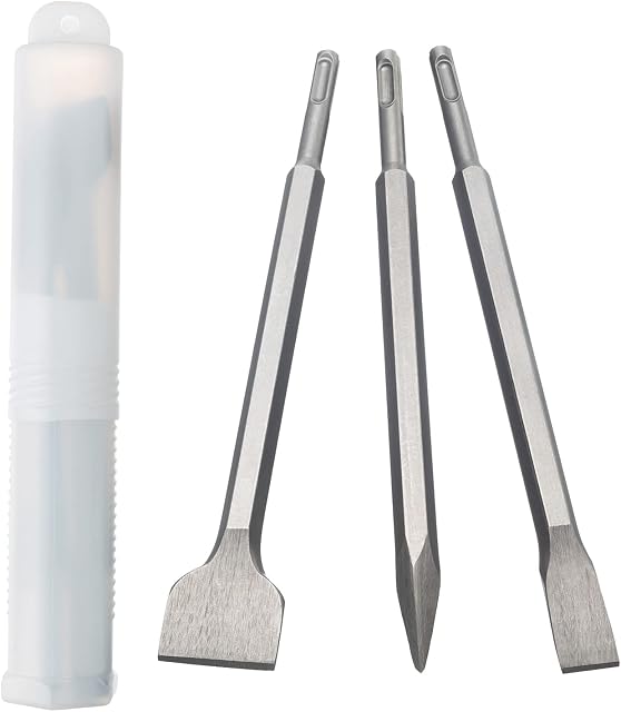 HPMAISON SDS-Plus Chisel Set, 3 PCS SDS-Plus Chisel Set Tool Holder, Hex Shank High Quality Spade, Flat & Point Chisel for Masonry Brick Wall Granite Universally Using with Storage Box