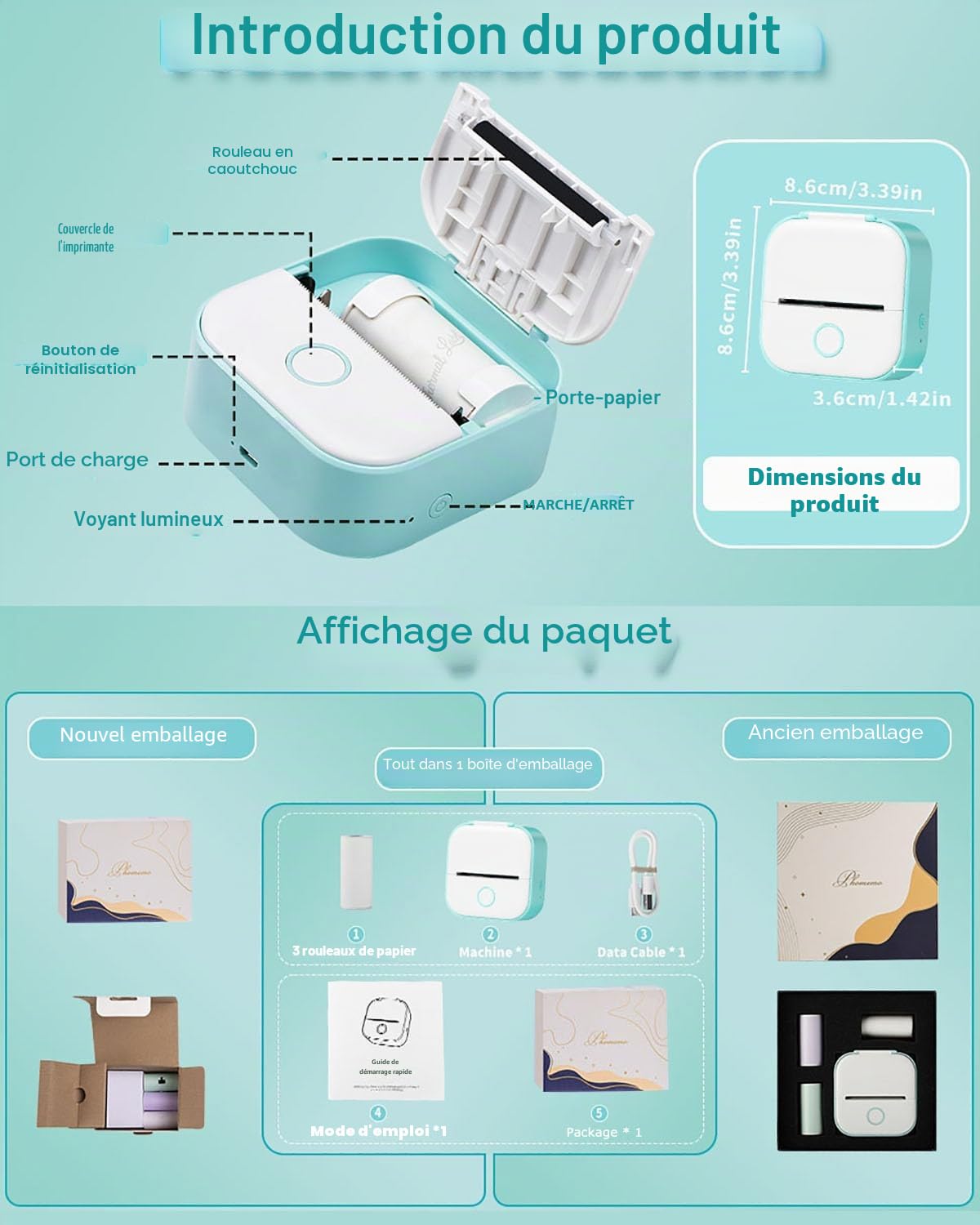 Memoking T02 Mini Imprimante - Thermique Imprimante d'autocollants Portable Mini Thermal Printer de Poche Compacte pour Graphiques D'étude, Photos, Apprentissage, Diagrammes, Plaisir, DIY,Cadeau, Vert