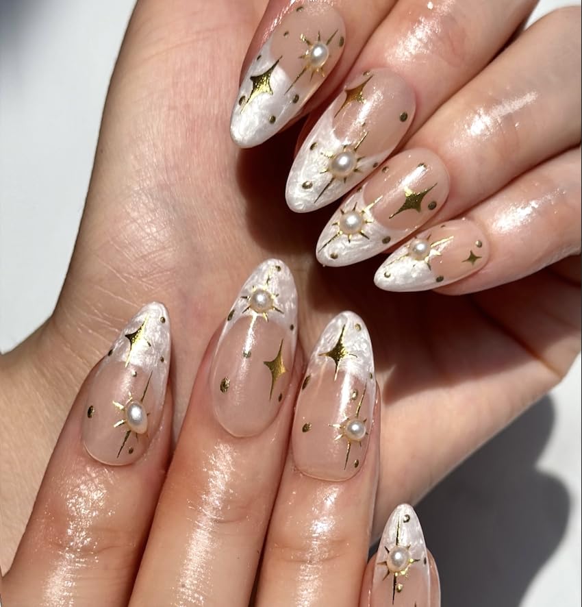 Wedding Press On Nails | Medium Almond Press on Nails | Handmade Pearl Nail Set for Holiday | Faux Acrylic Nails | Bridesmaid Gift (Stars, SIZE=S)