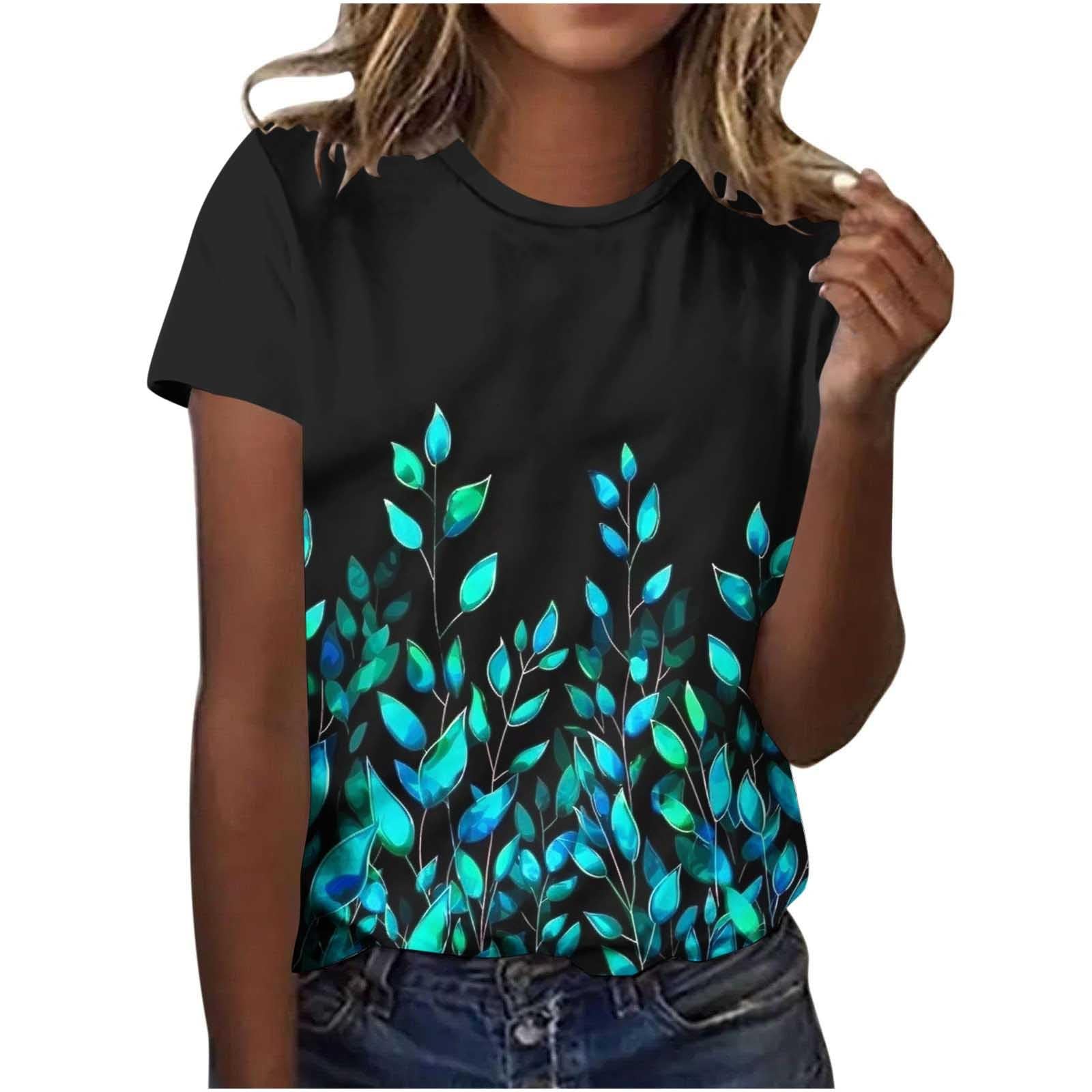 Womens Tops Dressy Casual Short Sleeve Shirts Retro Cute Floral Print Tshirt Tunic Pullover Petite Blouse 2025 Spring