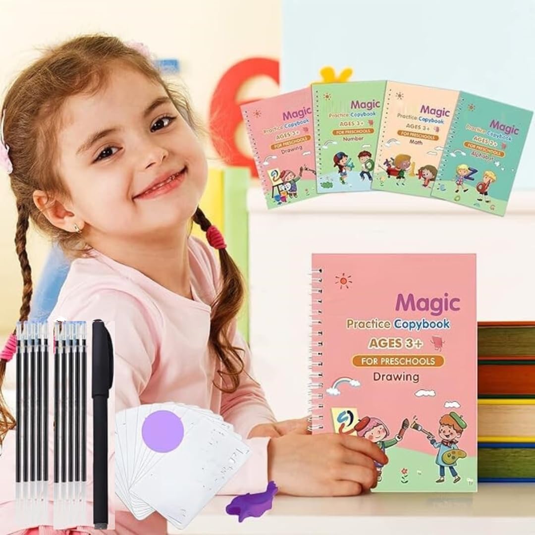 RULEX Magic Calligraphy Books for Children | 1 Year Extended Warranty | 4 BOOK | 10 REFILL | 1 Pen | 1 Grip | Magic Practice Copybook | Reading | Writing Alphabet | Drawing for 3-6 years children
