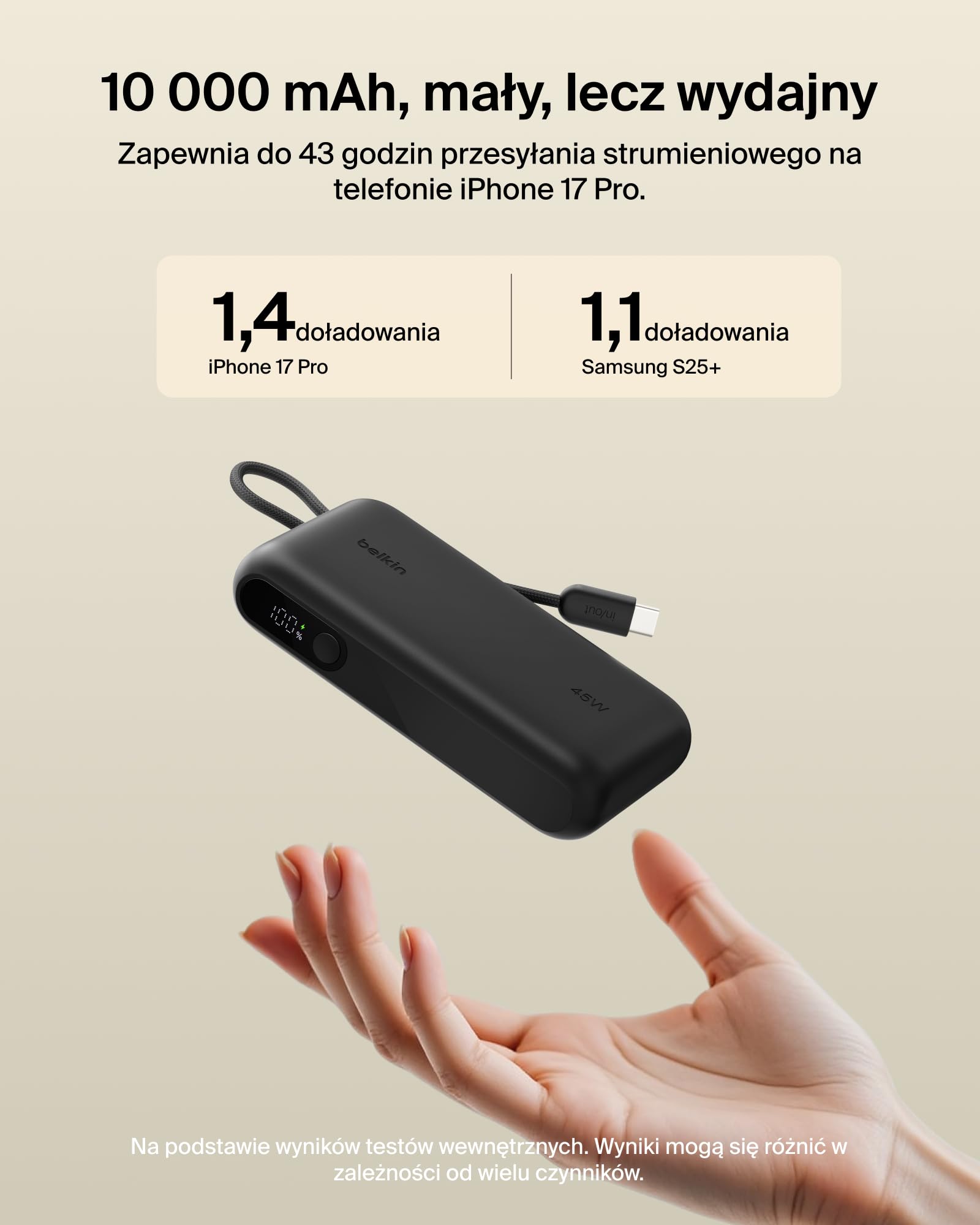 Belkin UltraCharge Powerbank 10 000 mAh, Kabel USB-C, Wyświetlacz – Czarny