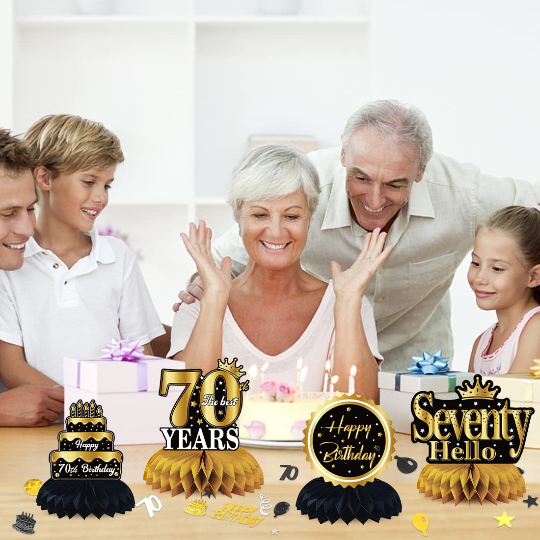 Centrotavola Compleanno 70 Anni - 9 Pezzi A Nido D'Ape Con Coriandoli, Oro E Nero - Foto 10